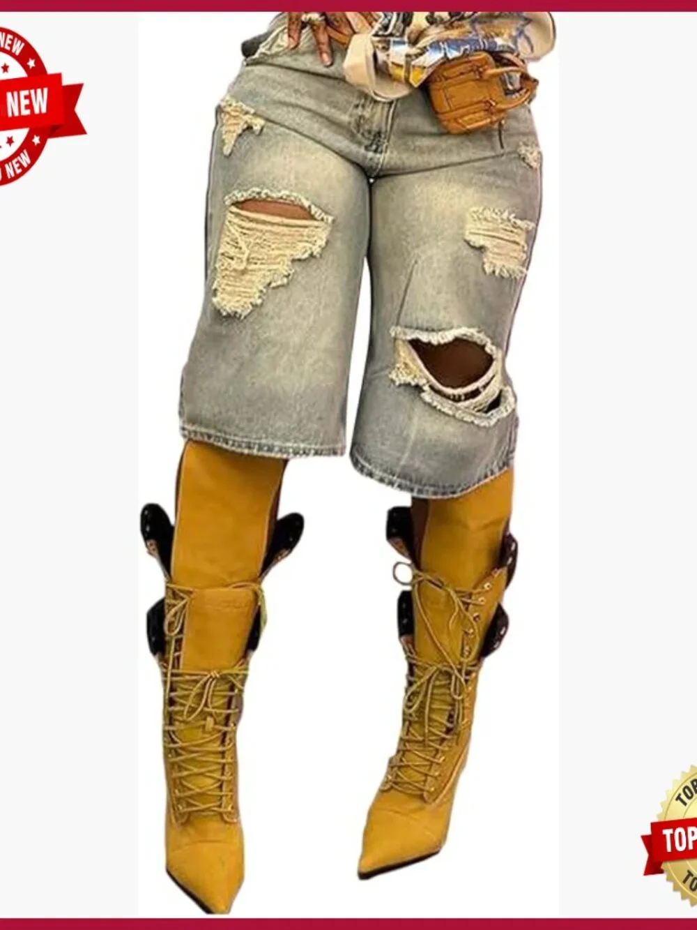 High Rise Baggy Ripped Denim Shorts Straight Wide Leg Y2k Bermuda Cargo